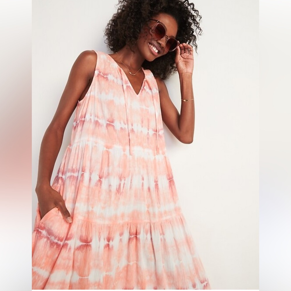 Old Navy Coral Sleeveless Tie-Dye Cotton Blend Midi Swing Dress Size Large